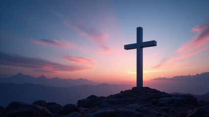 Sunrise over a mountain with a cross standing on top.