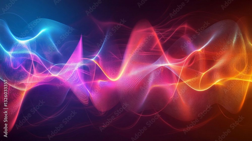 Poster dynamic abstract visualization showcasing colorful waves in a harmonious flow at dusk