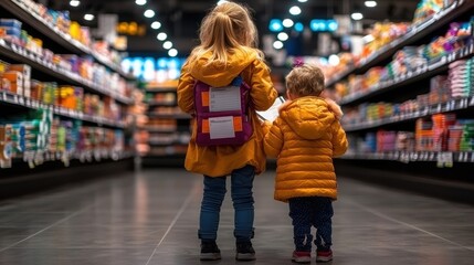 Two Joyful Children Exploring Colorful Store Aisles with Excitement
