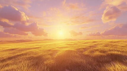 Obraz premium Sunrise over golden fields with soft clouds in a vibrant sky