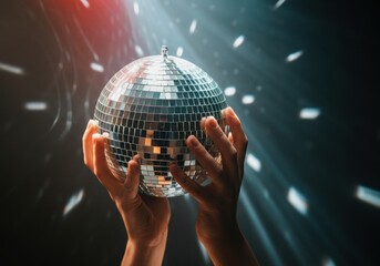 Hands holding a sparkling disco ball, reflecting vibrant light patterns