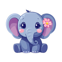 Obraz premium Flat cartoon of elephant character with flower. cute transparent background png sticker
