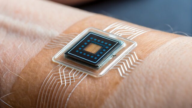 healthcare technology biotech biosensors, Wearable technology sensor on human skin for health monitoring.