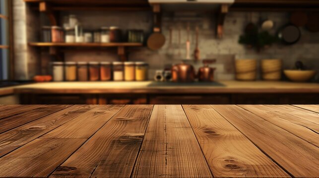 Wooden table in country kitchen with blurred background. Wood rustic counter for product display, showcasing bright and clean interior design, ideal for cooking and home lifestyle