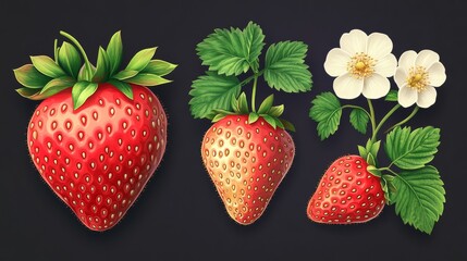 66.A colorful set of strawberries in varying forms, with vibrant red tones, visible seeds, and lush green leaves, complemented by elegant white strawberry flowers. The design is clean and isolated