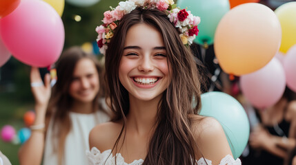 Young woman joyfully celebrating with balloons and flowers,radiating happiness and excitement in beautiful outdoor setting with friends