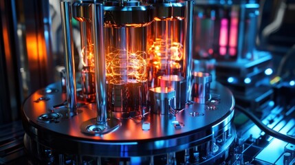 Close-up of glowing tubes in a futuristic machine.