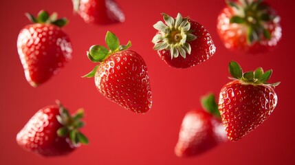 50.A dynamic scene of fresh, glossy strawberries floating mid-air against a vibrant red background. The strawberries are captured in varying positions, with realistic shading and light reflections.