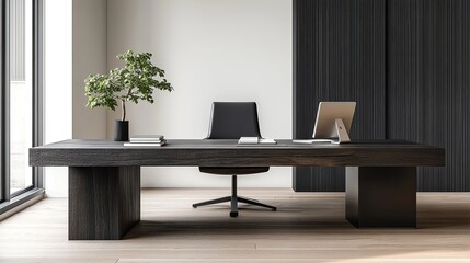 A minimalist home office with a single plant on the desk digital