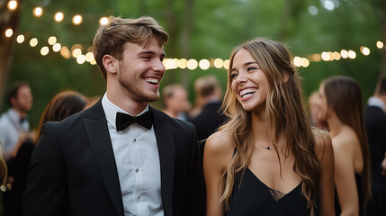 Couple laughing together at an outdoor party, enjoying happy moments, celebrating graduation with joy, and creating lasting memories