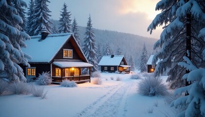 Fototapeta premium Charming winter scene of log cabins in deep snow surrounded by snowy trees at dusk