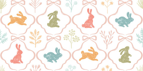 Bunny pattern with bow, flower. Cute Easter animal. Crayon print with coquette bow ribbon. Vintage bunny background, chalk texture. Seamless design, kid birthday or Easter. Rabbit vector drawing bg