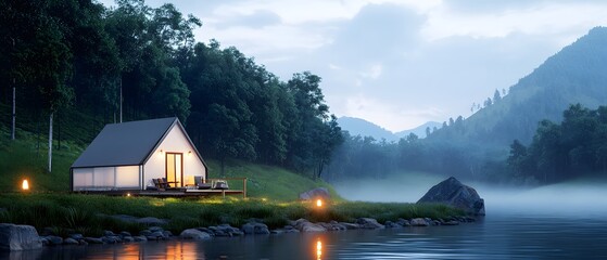 Fototapeta premium Tranquil evening retreat serene lakeside nature photography peaceful landscape wide angle calmness and relaxation