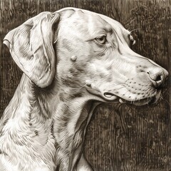 A gray dog sits calmly, its expressive eyes conveying a sense of curiosity and contemplation. The detailed fur and the wooden background enhance the serene atmosphere