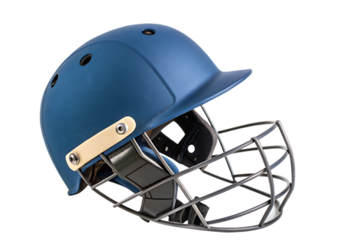 blue cricket helmet with protective grill isolated on white background PNG. GENERATIVE AI - Powered by Adobe