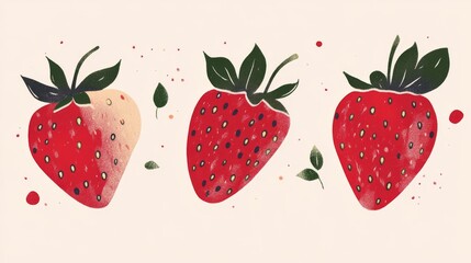 16.A minimalistic illustration of strawberries with smooth lines and bold colors. The composition includes simple leaves and small accent details, making it both elegant and charming.