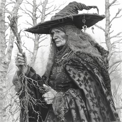 In a dimly lit forest during twilight, a woman with long, flowing hair dons a traditional witch's hat and holds a gnarled staff. She gazes thoughtfully as fog envelops the trees