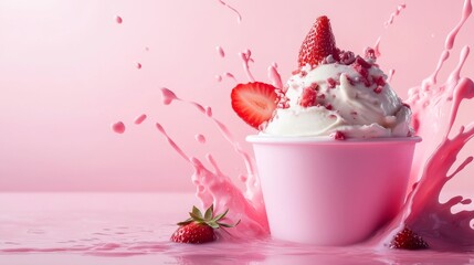 117.A premium dessert ad featuring a cup of creamy strawberry gelato, highlighted by vibrant milk splashes and juicy strawberry toppings, with a subtle gradient background adding depth.