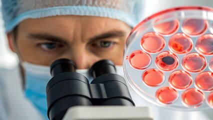 healthcare technology biotech stem cells, Scientist examining samples through a microscope in a laboratory setting.