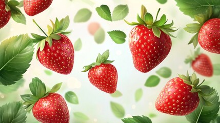 20.A realistic illustration of strawberries with lush green leaves falling gracefully on a transparent background. The foreground strawberries are sharp and detailed, while the background elements