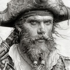 A striking portrait captures a rugged pirate with a tricorn hat, marked facial features, and a bushy beard. The artwork emphasizes the character's fierce expression and vibrant personality