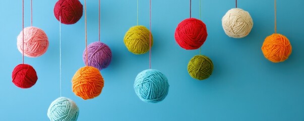 A collection of colorful yarn balls hanging on a blue background.