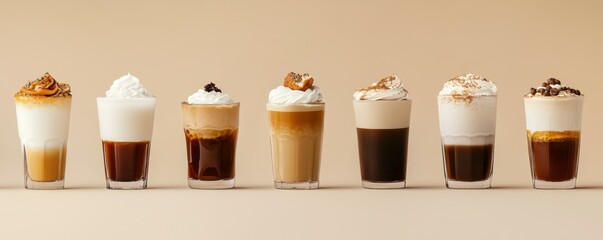 A collection of eight different types of coffee drinks, each with a unique topping and layered design. © SanyBRZ