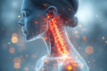 Cervical spine pain is depicted with a bright red area illuminating the neck, surrounded by gentle light waves against a gradient background that transitions from white to soft blue