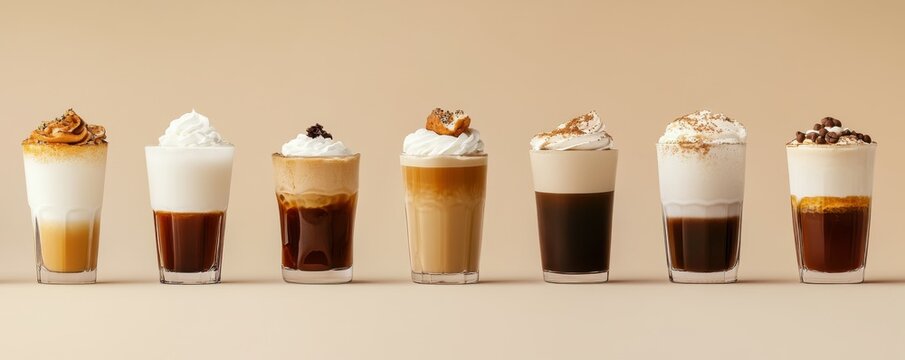 A collection of eight different types of coffee drinks, each with a unique topping and layered design.