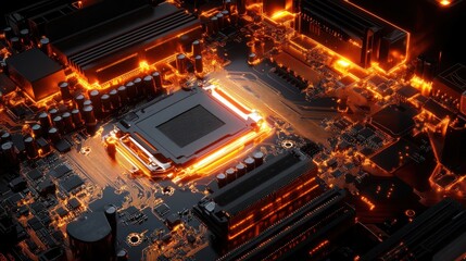 Fototapeta premium Close-up of illuminated computer motherboard with CPU glowing orange.