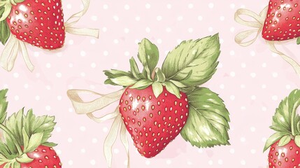 3.A repeating design showcasing bright strawberries paired with intricate green leaves and tied with pastel ribbon bows. The pink background is decorated with subtle polka dots for added texture and