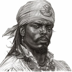 The artwork showcases a pirate with a determined gaze, wearing a bandana and traditional clothing. Intricate details bring the fierce character to life, highlighting his bold features