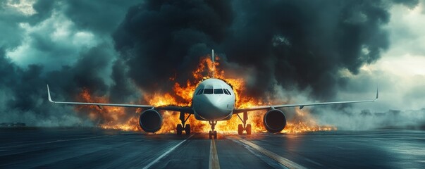 A commercial airplane engulfed in flames on a runway, with smoke billowing into the sky, depicting a dramatic and urgent emergency situation.