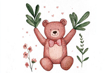 hand drawn teddy bear with plants and flowers, joyful expression