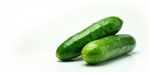 Two whole cucumbers arranged on pure white background, photography, pair, clean