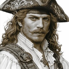 A pirate with flowing long hair and an ornate hat. His piercing gaze and facial hair convey strength and adventure, evoking the spirit of the sea