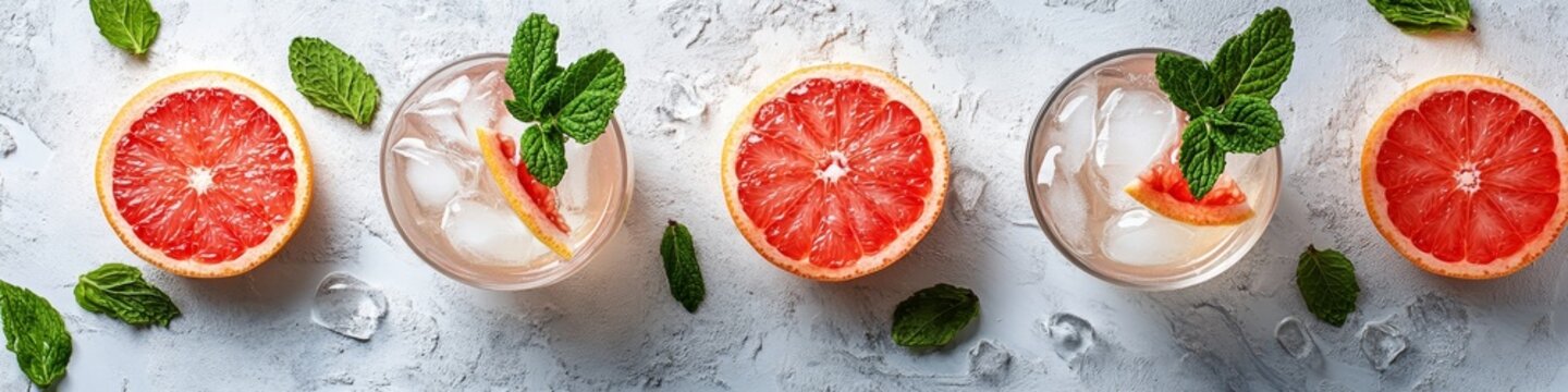 Fresh Summer Grapefruit Cocktail with Ice Cubes and Mint. Flat Lay, Top View, Minimal Composition