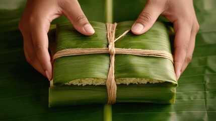 A pair of hands carefully wrapping a green rice dish in banana leaves, tied with twine, showcasing traditional food preparation.