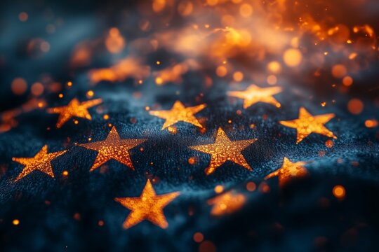 Glowing stars in orange appear against a shimmering blue backdrop, representing the euro currency chart quote reflecting financial data and market movements during the current trading period - Powered by Adobe