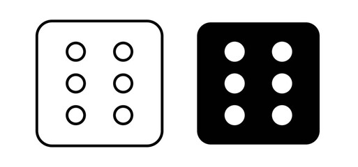 Dice six vector icon set black filled and outlined style.
