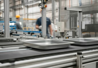 Industrial conveyor belt transporting trays in a manufacturing facility