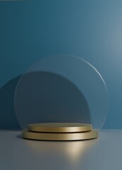 3D Render A gold and clear pedestal with a blue background