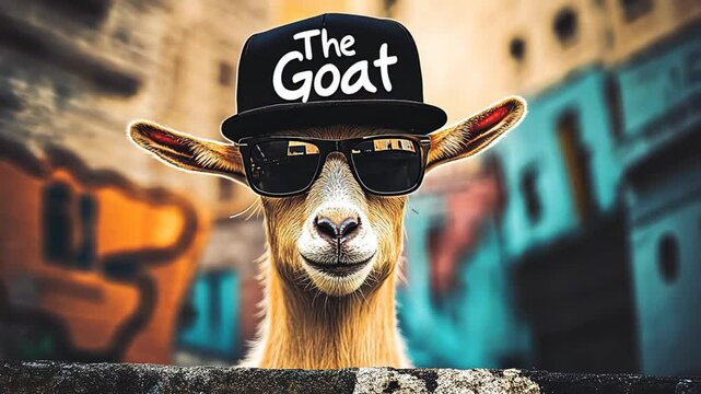goat wearing hat with word "The Goat" on it, idea for slang GOAT great of all time, funny meme