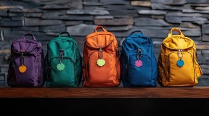 Vibrant Array of Colorful Backpacks Displayed on Rustic Wooden Table