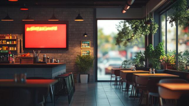Interior of a fast food restaurant with a modern dining area. Casual dining space with ordering counters and digital menu displays. banner, copy space