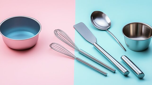 A clean flat lay of baking tools on a pastel surface with space for branding text digital