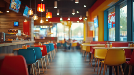 Interior of a fast food restaurant with a modern dining area. Casual dining space with ordering counters and digital menu displays. banner, copy space