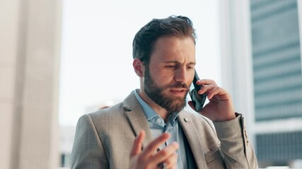 Phone call, walking and business man in city late for appointment, meeting and networking. Commute, corporate and person with stress on smartphone for contact, online discussion and communication