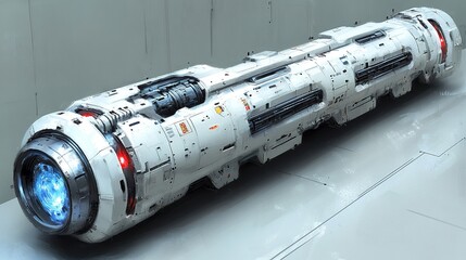 A digital rendering depicts a long cylindrical white industrial object.