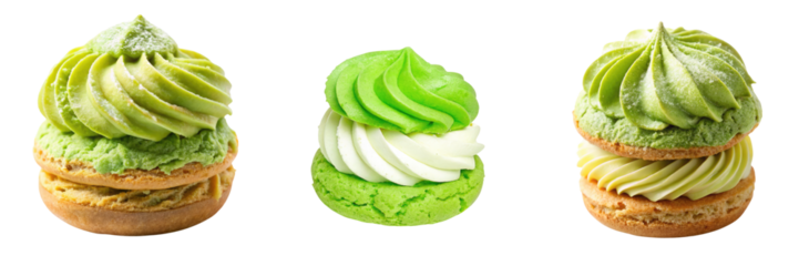 Three delicious pastries featuring vibrant green frosting, artfully piped in swirls and layered between golden cookies.